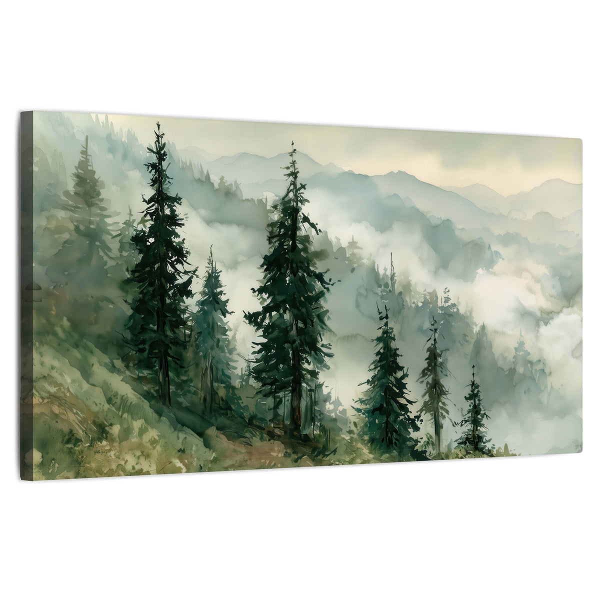 Misty mountain pines watercolor stretched canvas wall art on a white background