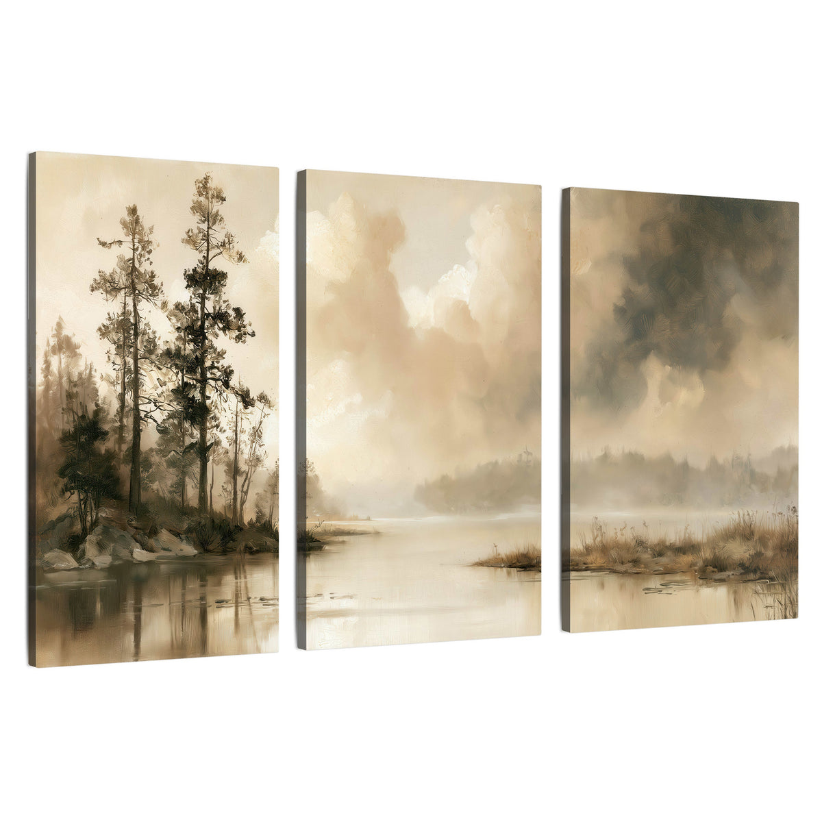 Vintage sepia pine lake painting 3 piece canvas wall art set on a white background