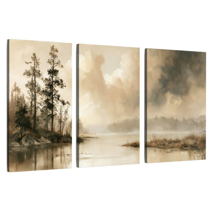 Vintage sepia pine lake painting 3 piece canvas wall art set on a white background