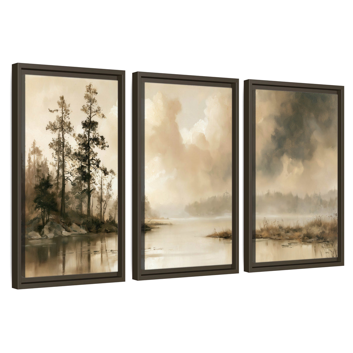 Vintage sepia pine lake painting 3 piece framed canvas wall art set on a white background
