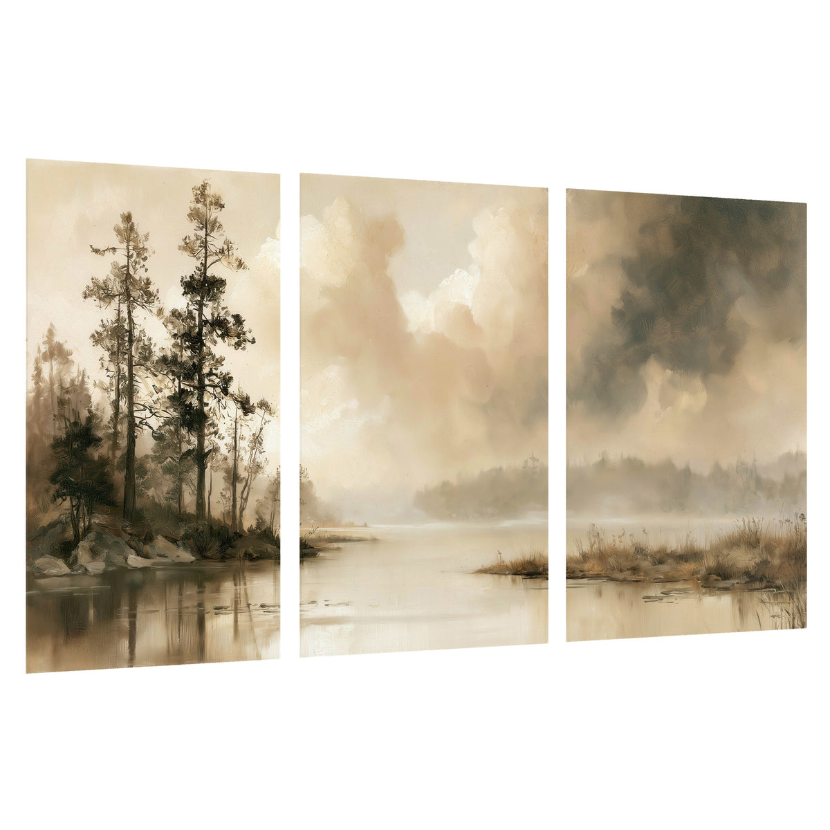 Vintage sepia pine lake painting set of 3 poster prints on a white background