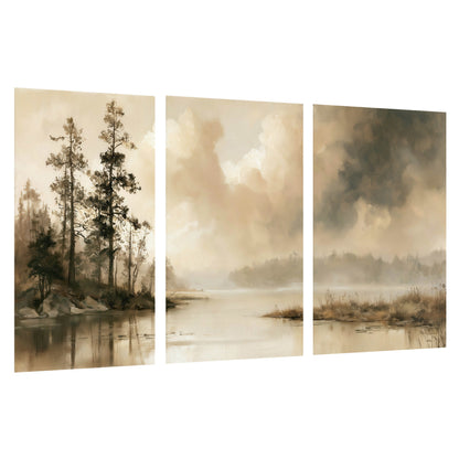 Vintage sepia pine lake painting set of 3 poster prints on a white background