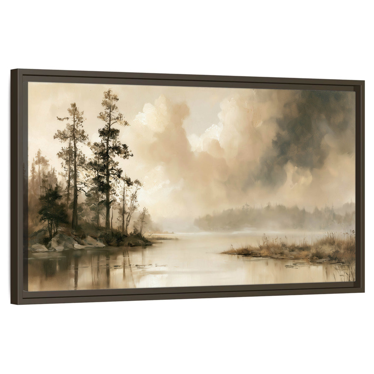Vintage sepia pine lake painting framed canvas wall art on a white background