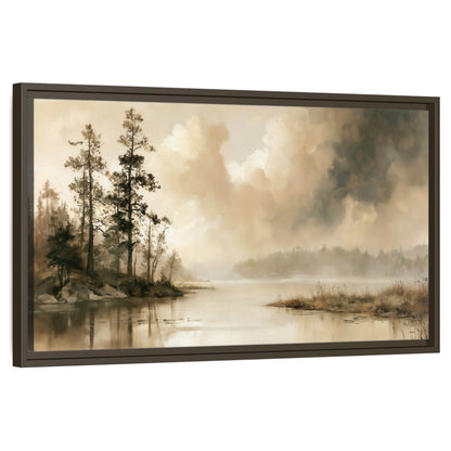 Vintage sepia pine lake painting framed canvas wall art on a white background