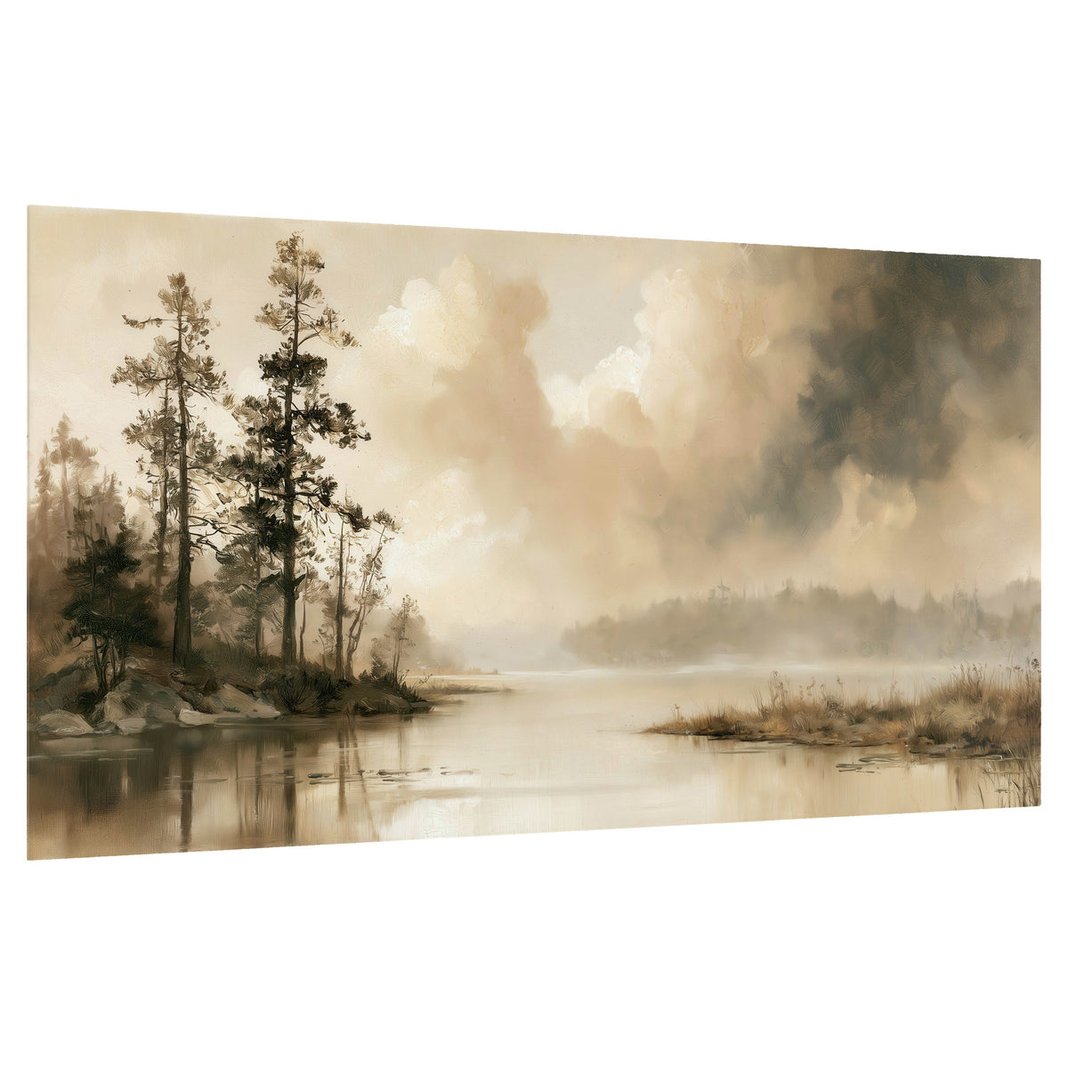 Vintage sepia pine lake painting poster print on a white background