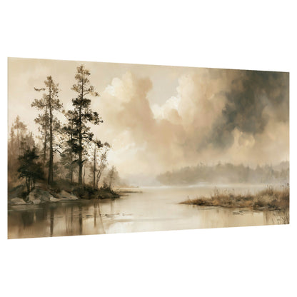 Vintage sepia pine lake painting poster print on a white background