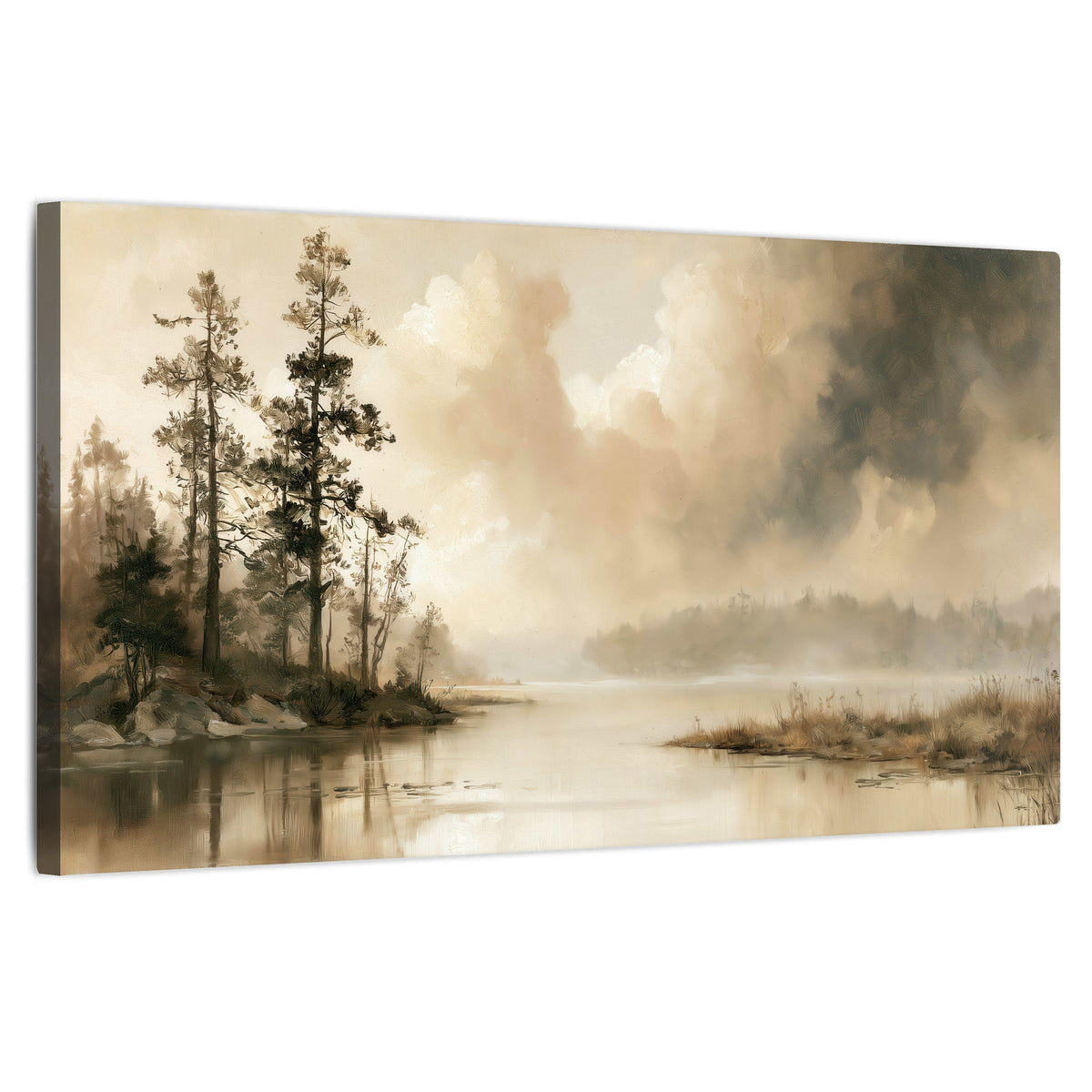 Vintage sepia pine lake painting stretched canvas wall art on a white background