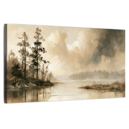 Vintage sepia pine lake painting stretched canvas wall art on a white background