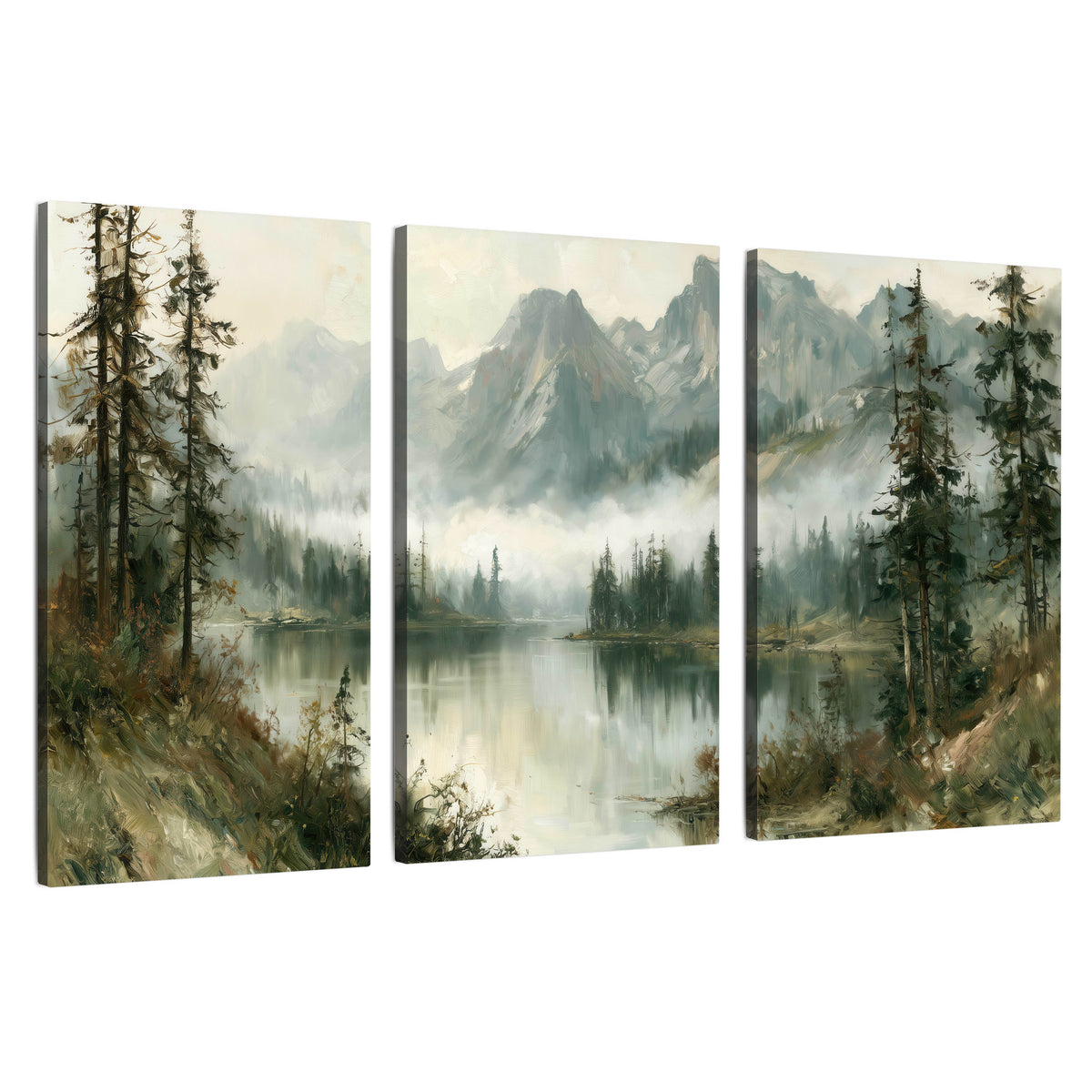 Misty alpine lake painting 3 piece canvas wall art set on a white background