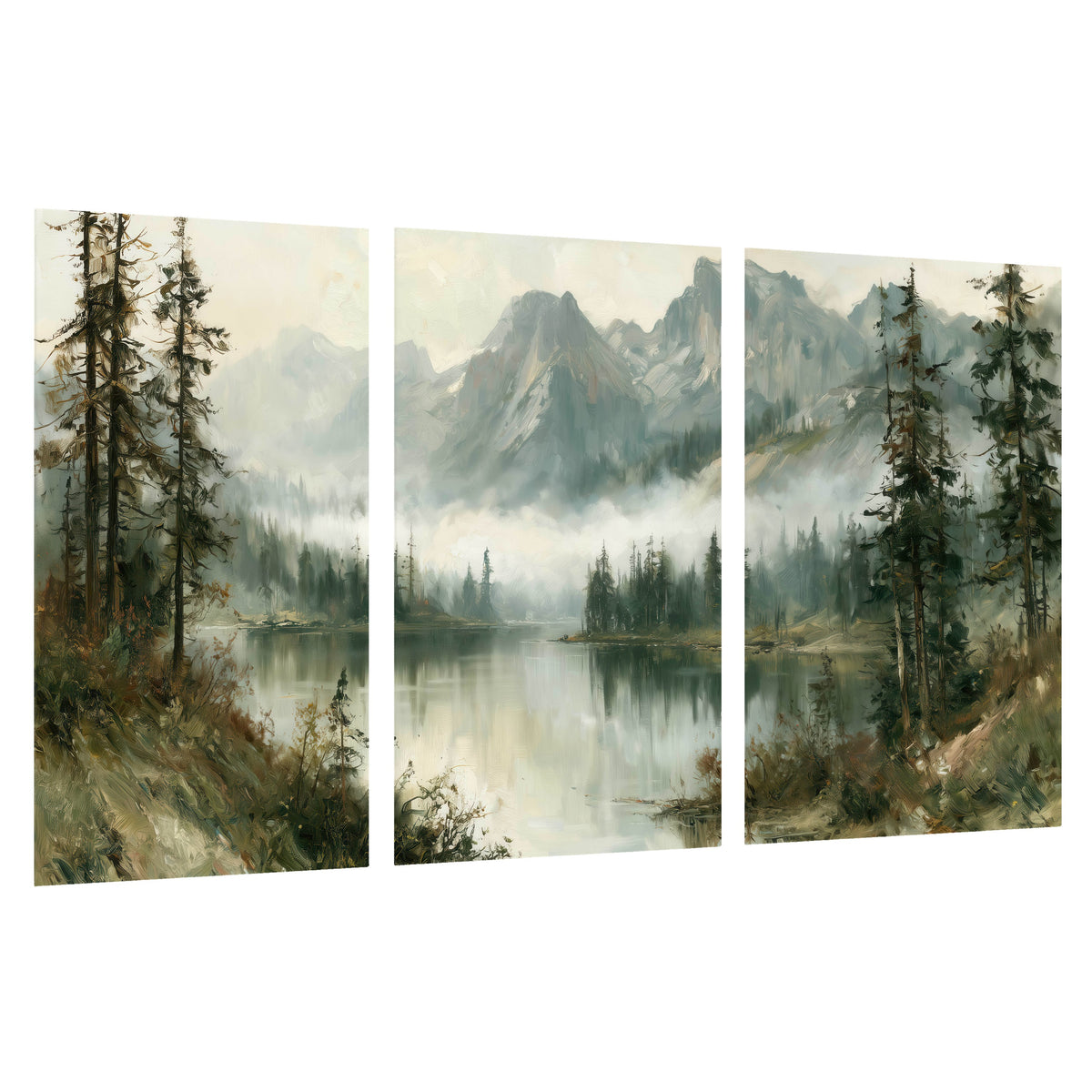 Misty alpine lake painting set of 3 poster prints on a white background