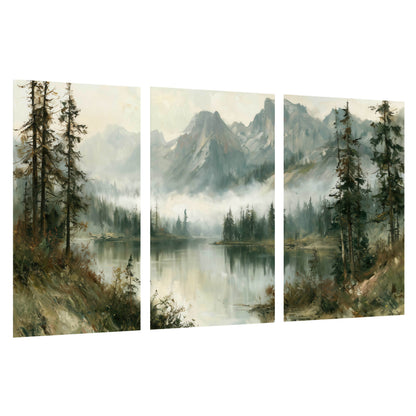Misty alpine lake painting set of 3 poster prints on a white background