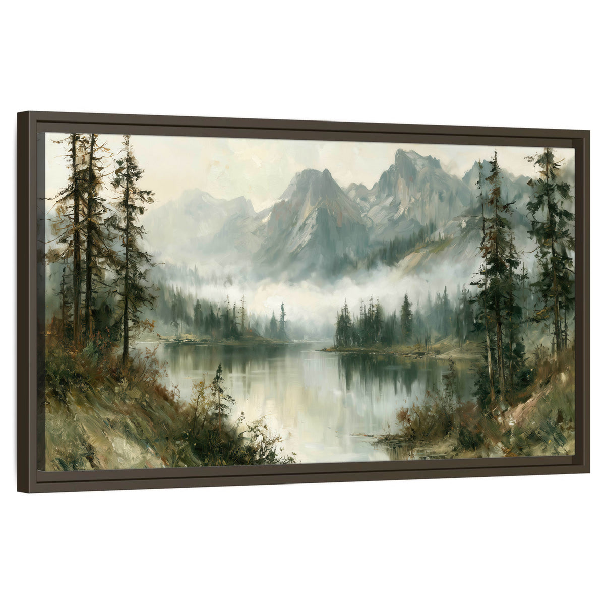 Misty alpine lake painting framed canvas wall art on a white background