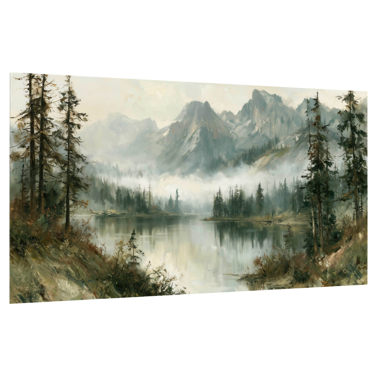 Misty alpine lake painting poster print on a white background