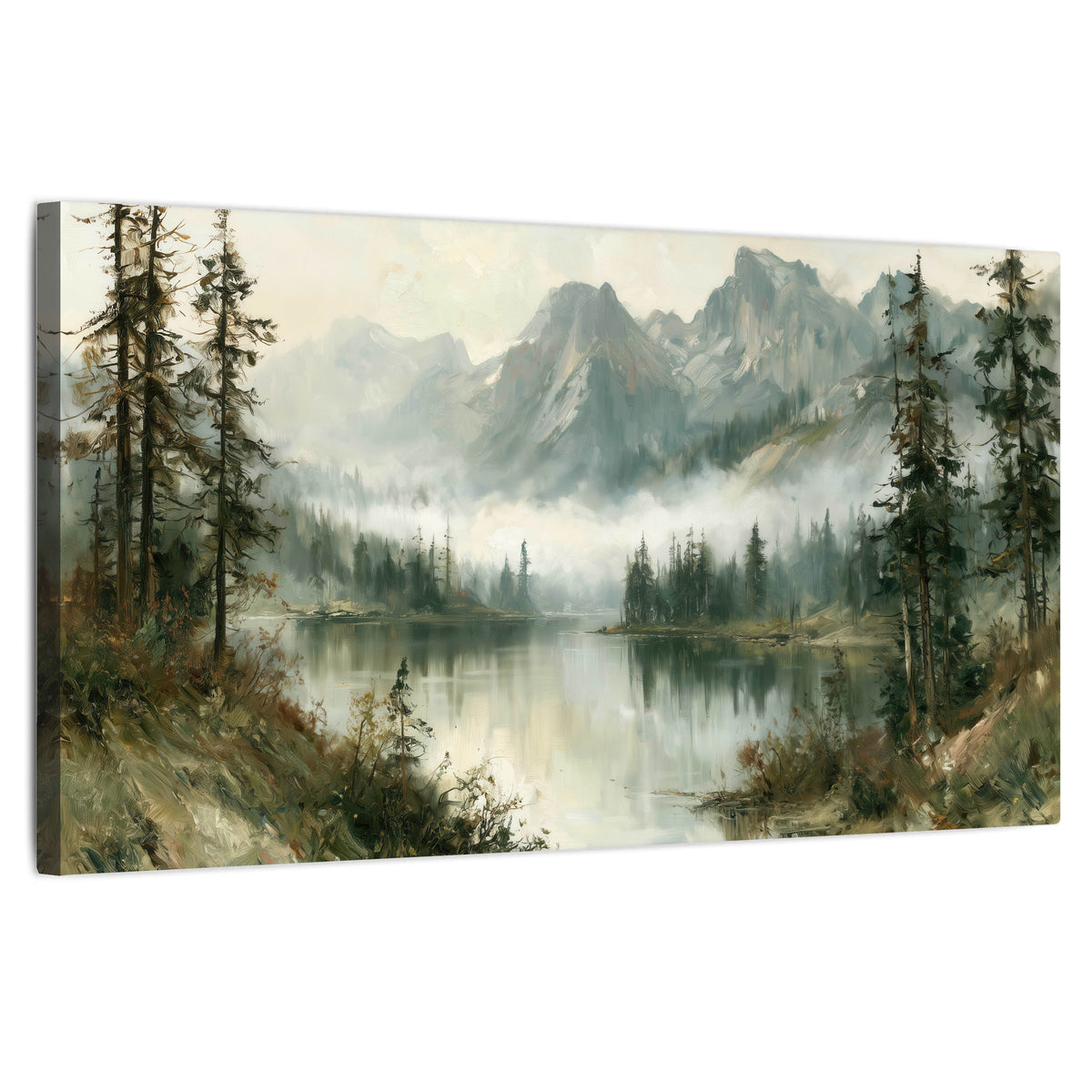 Misty alpine lake painting stretched canvas wall art on a white background