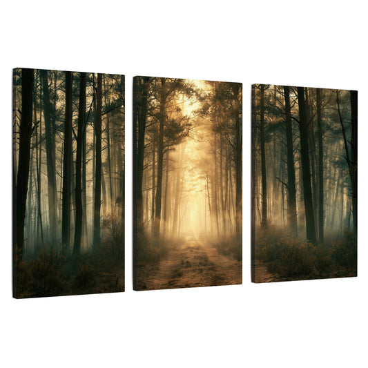 Golden forest path painting 3 piece canvas wall art set on a white background