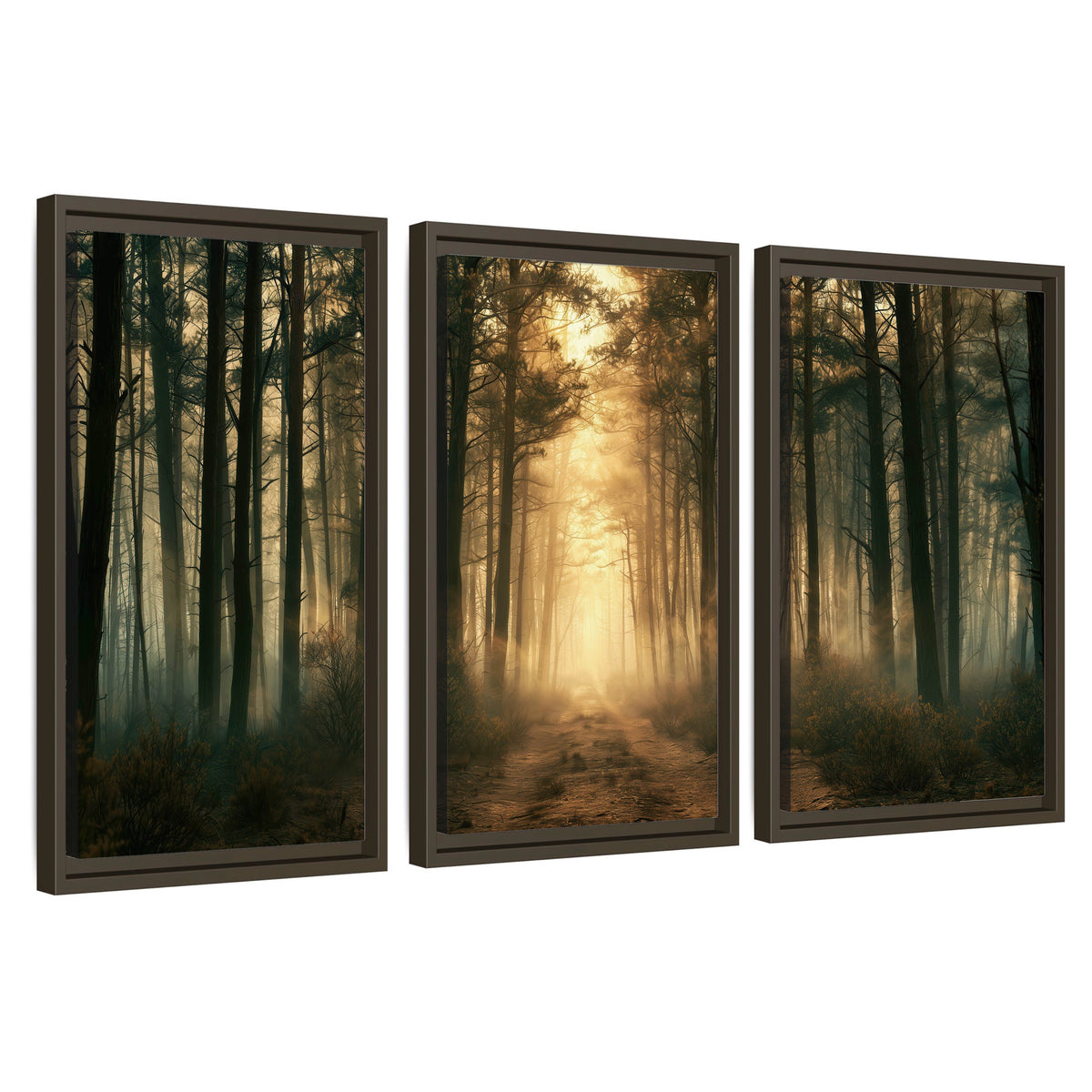 Golden forest path painting 3 piece framed canvas wall art set on a white background