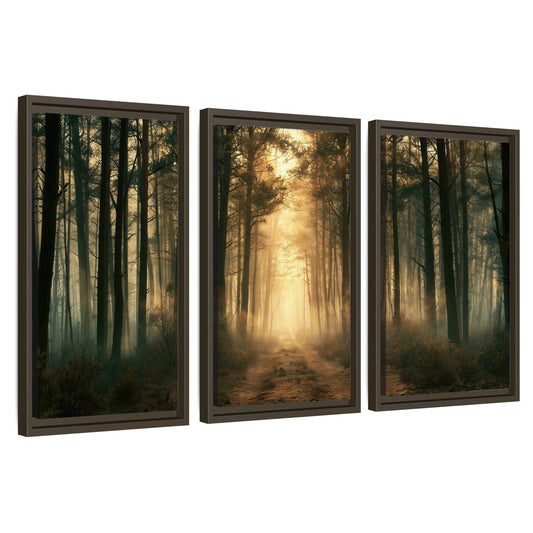 Golden forest path painting 3 piece framed canvas wall art set on a white background