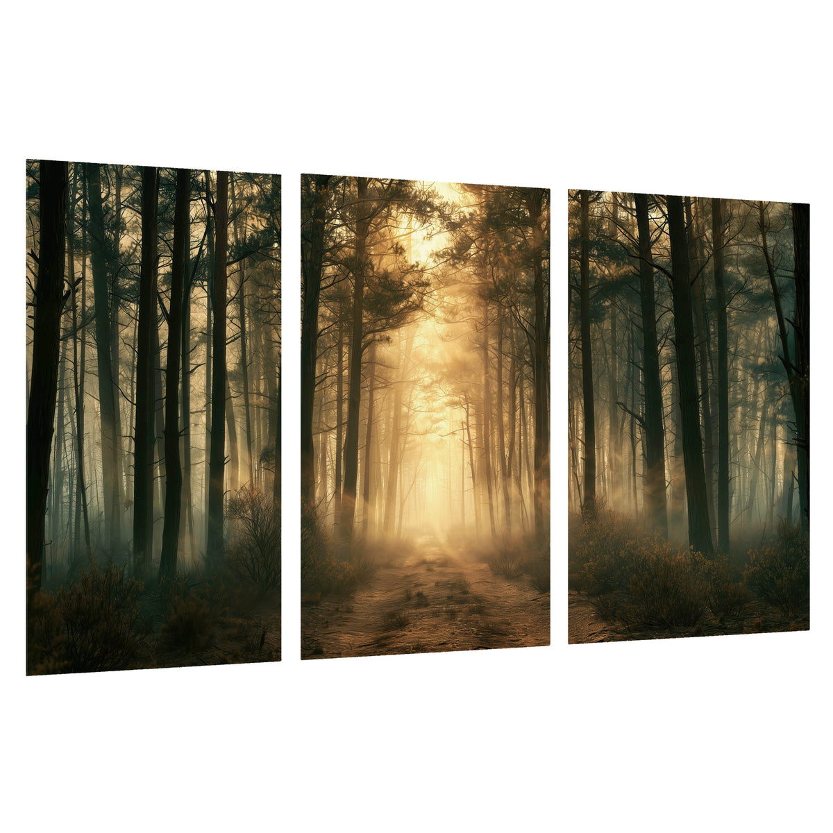 Golden forest path painting set of 3 poster prints on a white background