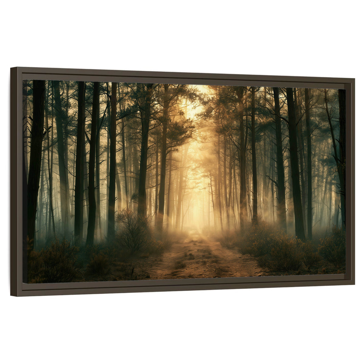 Golden forest path painting framed canvas wall art on a white background