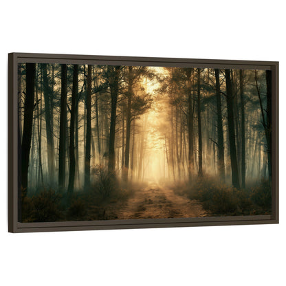 Golden forest path painting framed canvas wall art on a white background