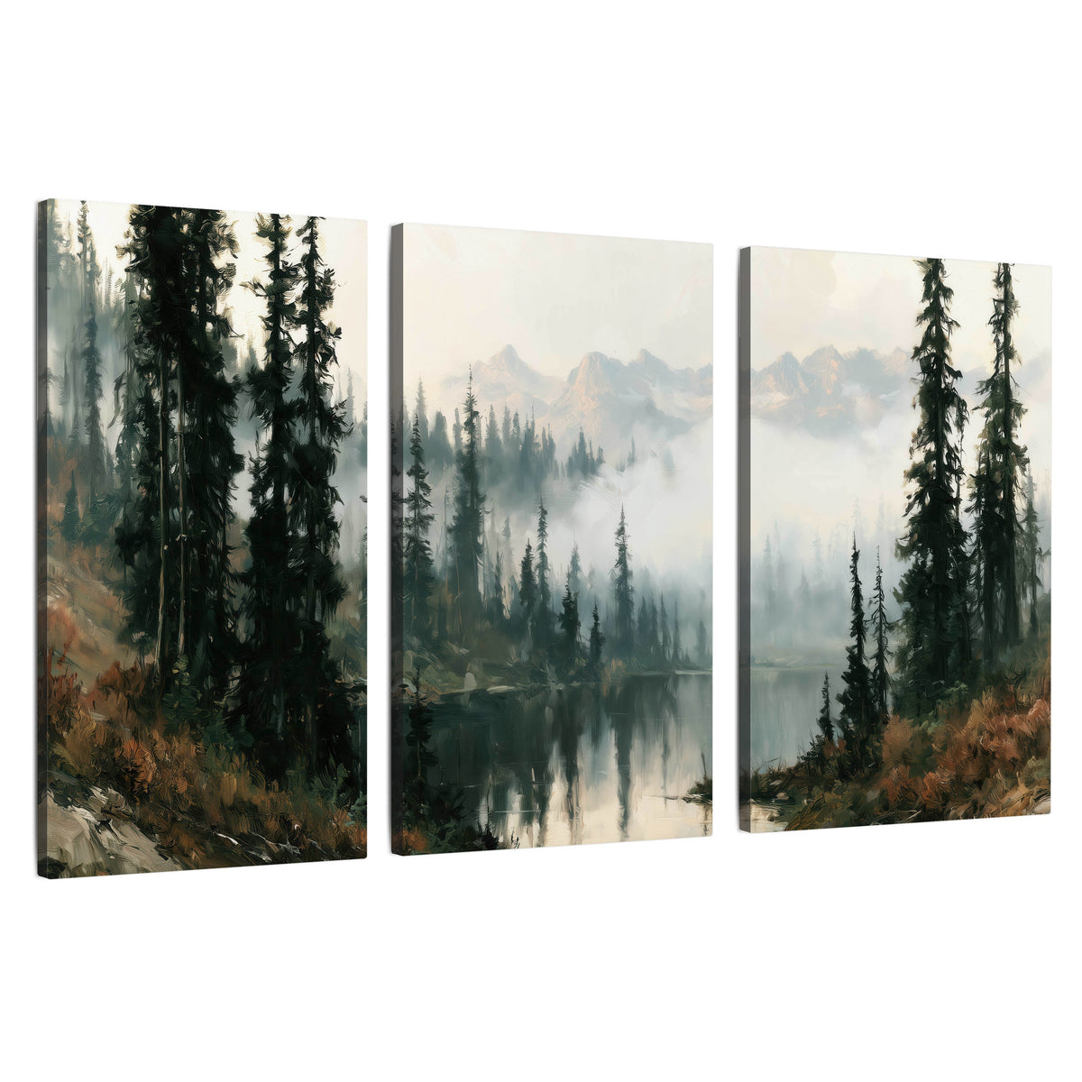 Misty pine lake mountain painting 3 piece canvas wall art set on a white background