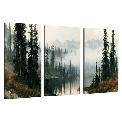 Misty pine lake mountain painting 3 piece canvas wall art set on a white background