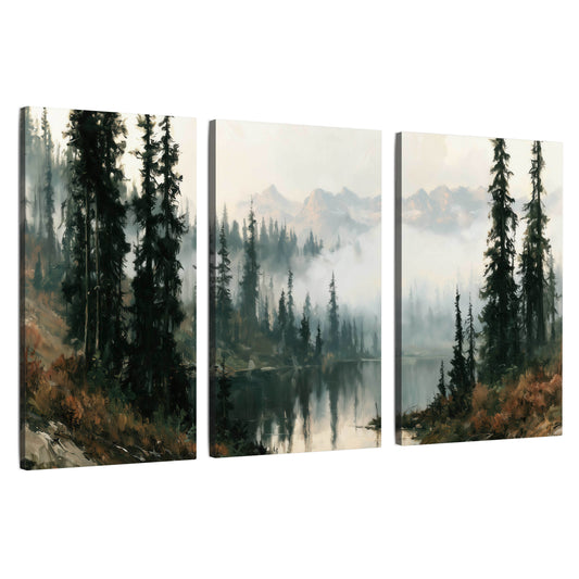 Misty pine lake mountain painting 3 piece canvas wall art set on a white background