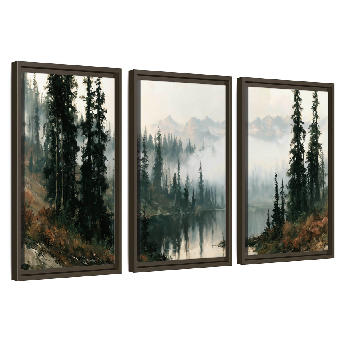 Misty pine lake mountain painting 3 piece framed canvas wall art set on a white background