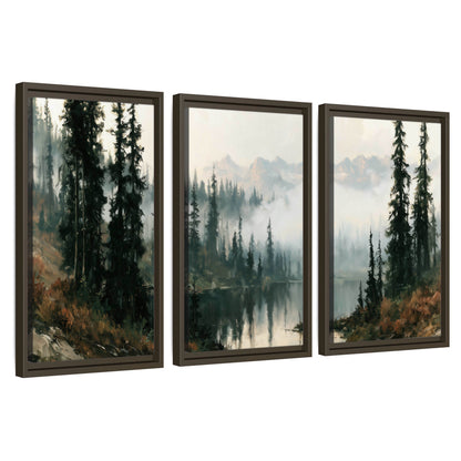 Misty pine lake mountain painting 3 piece framed canvas wall art set on a white background