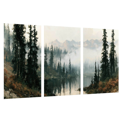 Misty pine lake mountain painting set of 3 poster prints on a white background
