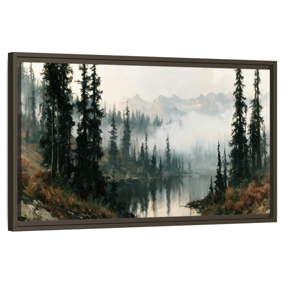 Misty pine lake mountain painting framed canvas wall art on a white background