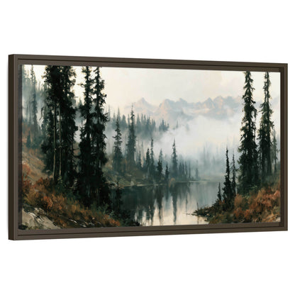 Misty pine lake mountain painting framed canvas wall art on a white background