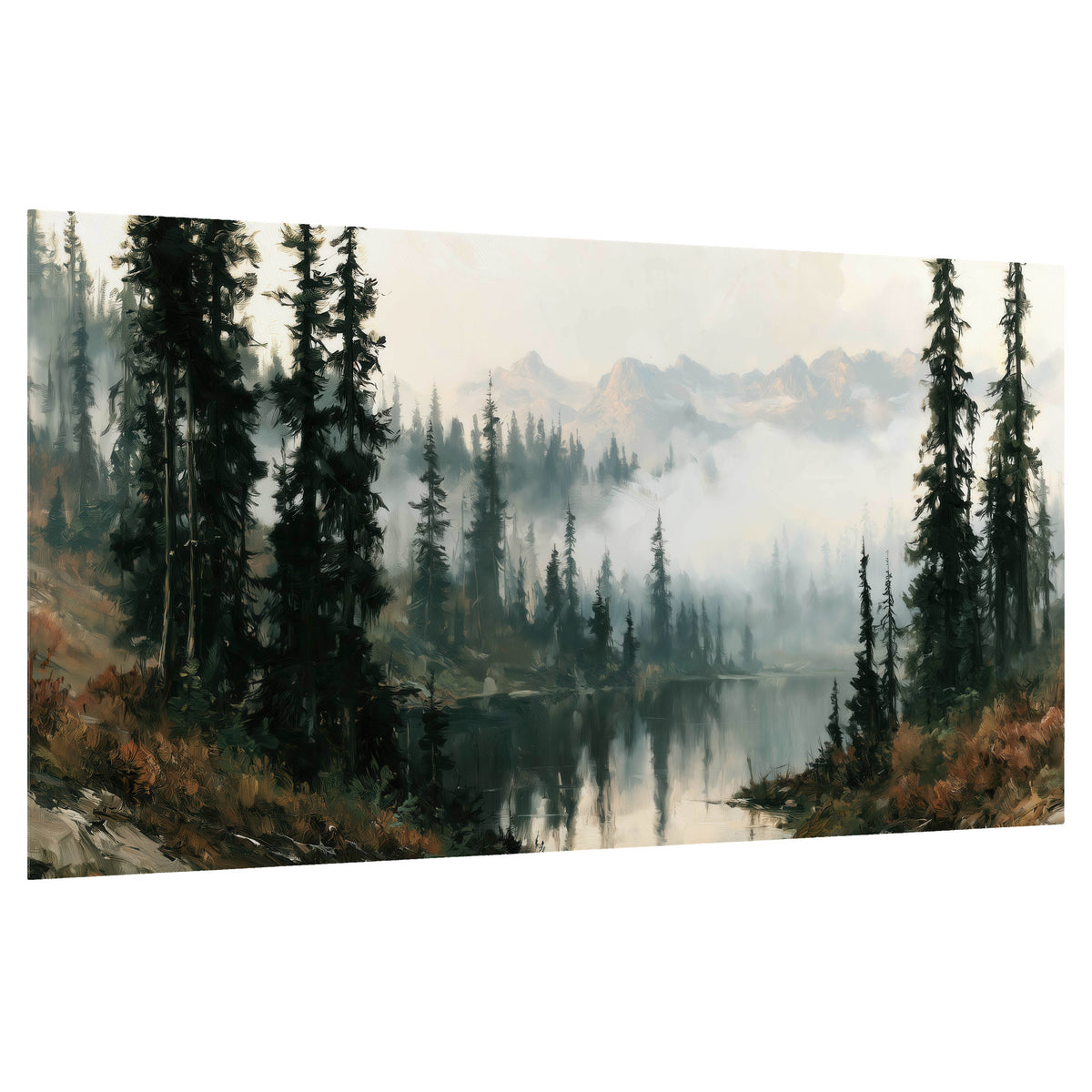 Misty pine lake mountain painting poster print on a white background