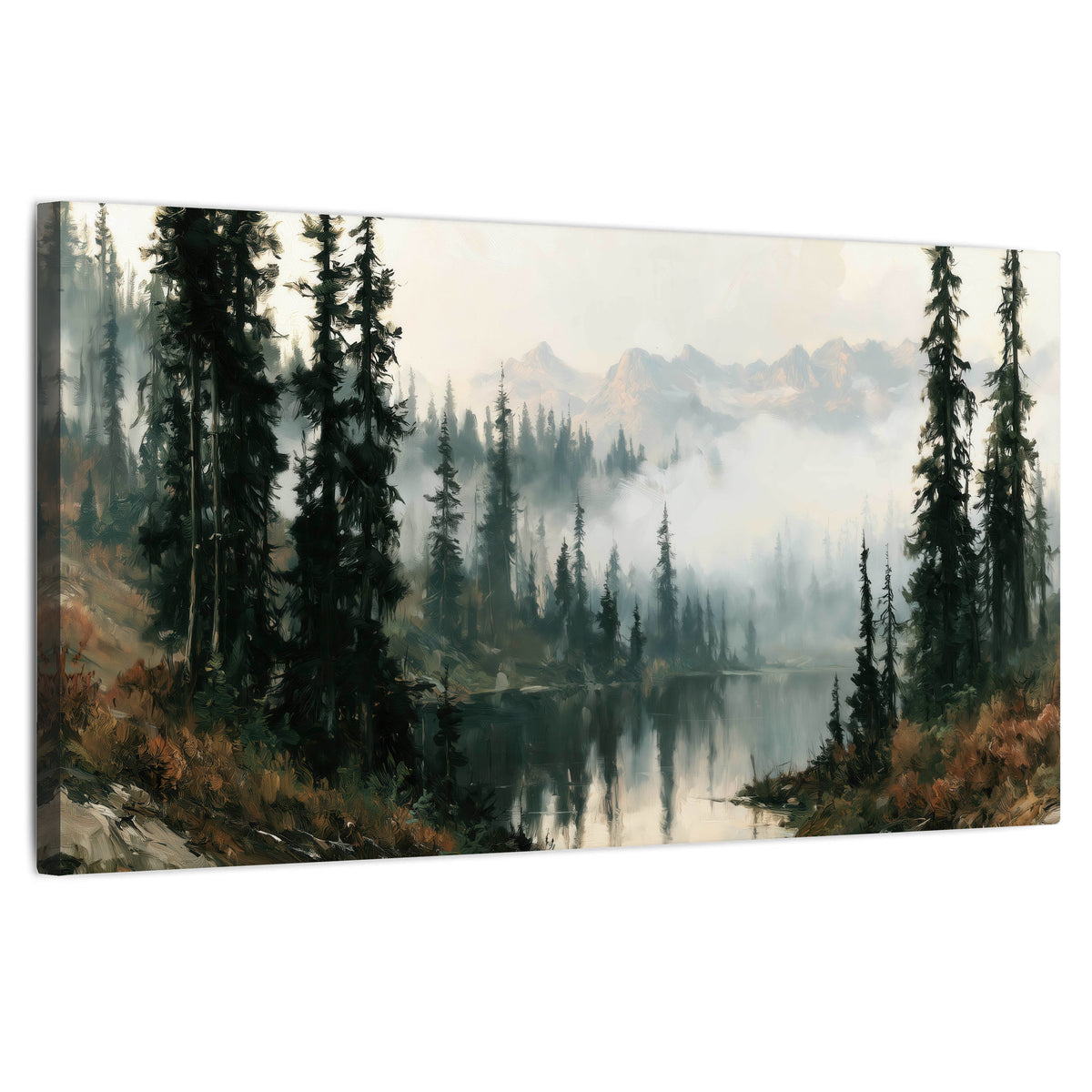 Misty pine lake mountain painting stretched canvas wall art on a white background