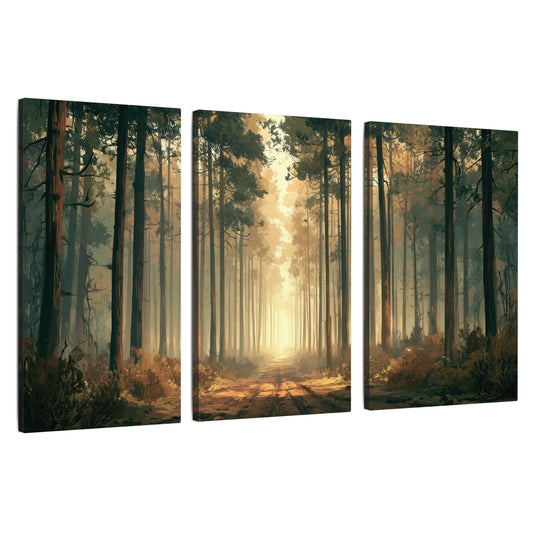 Sunlit pine forest road painting 3 piece canvas wall art set on a white background