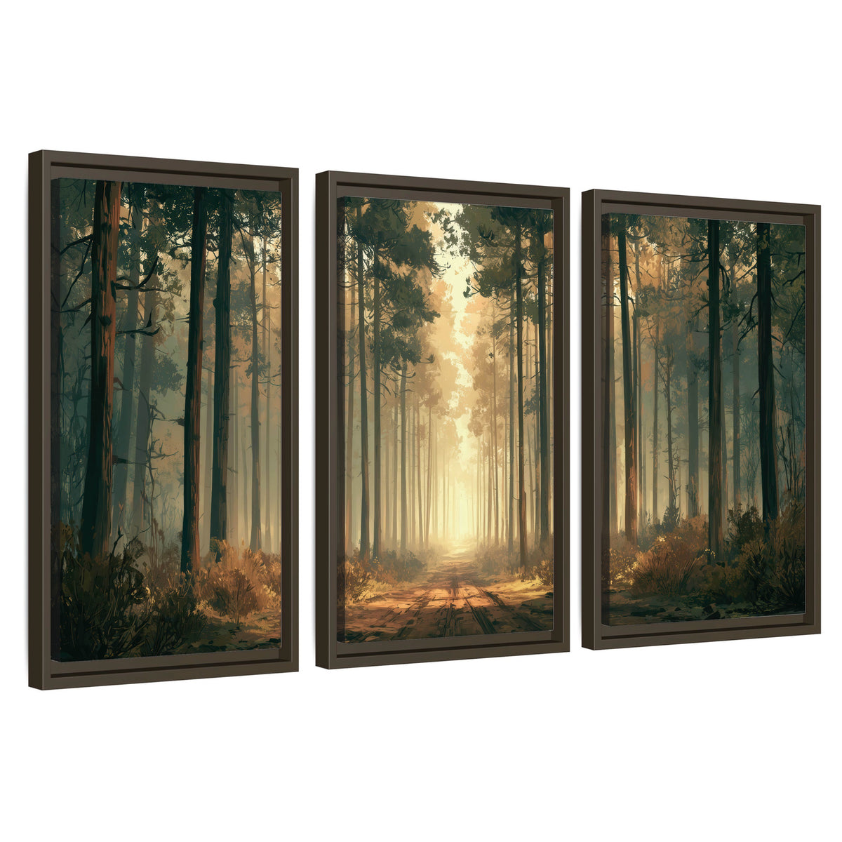 Sunlit pine forest road painting 3 piece framed canvas wall art set on a white background