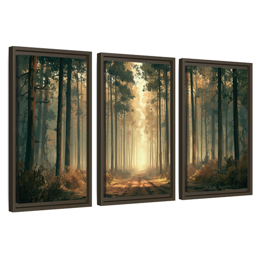 Sunlit pine forest road painting 3 piece framed canvas wall art set on a white background