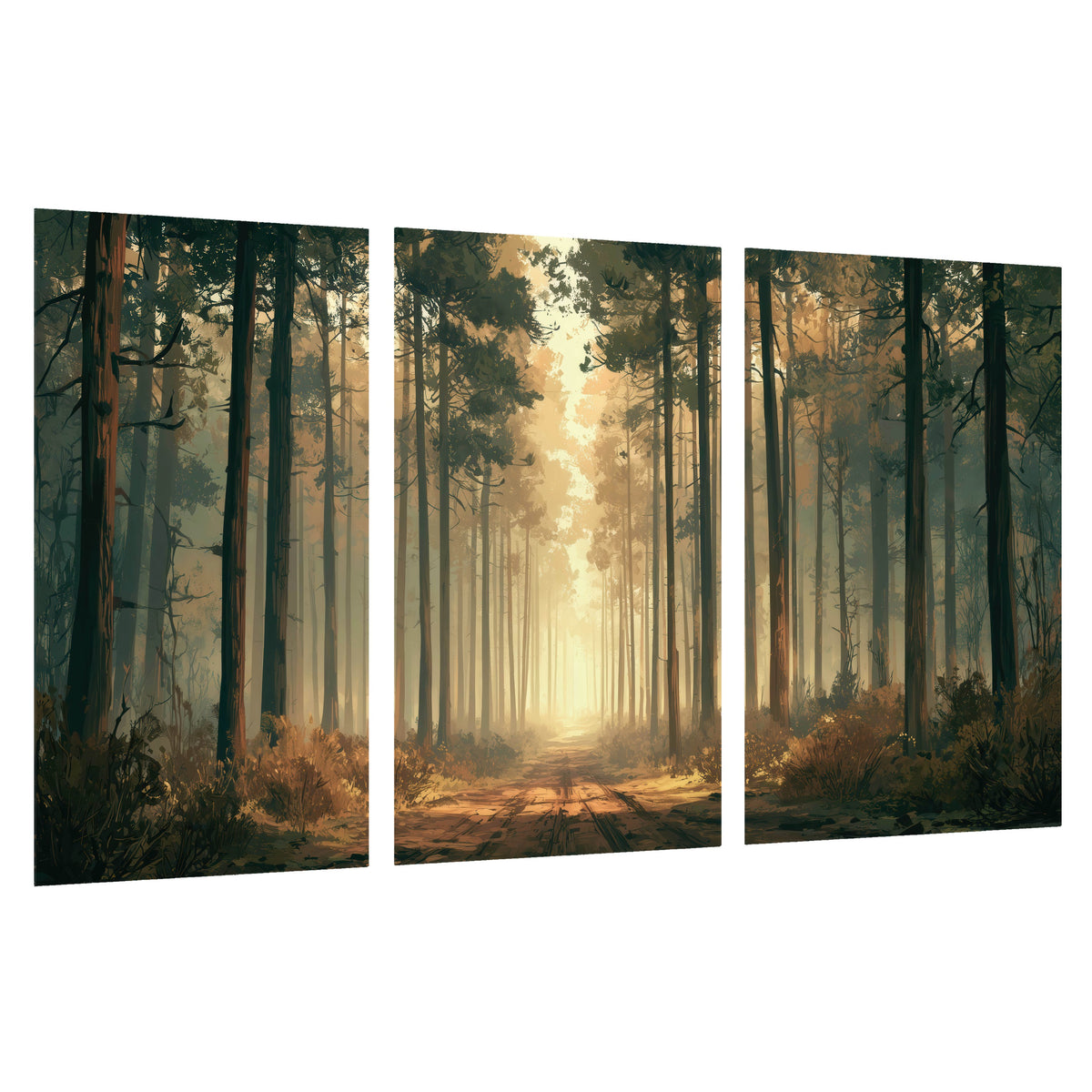 Sunlit pine forest road painting set of 3 poster prints on a white background