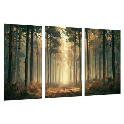Sunlit pine forest road painting set of 3 poster prints on a white background