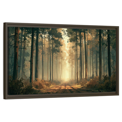 Sunlit pine forest road painting framed canvas wall art on a white background