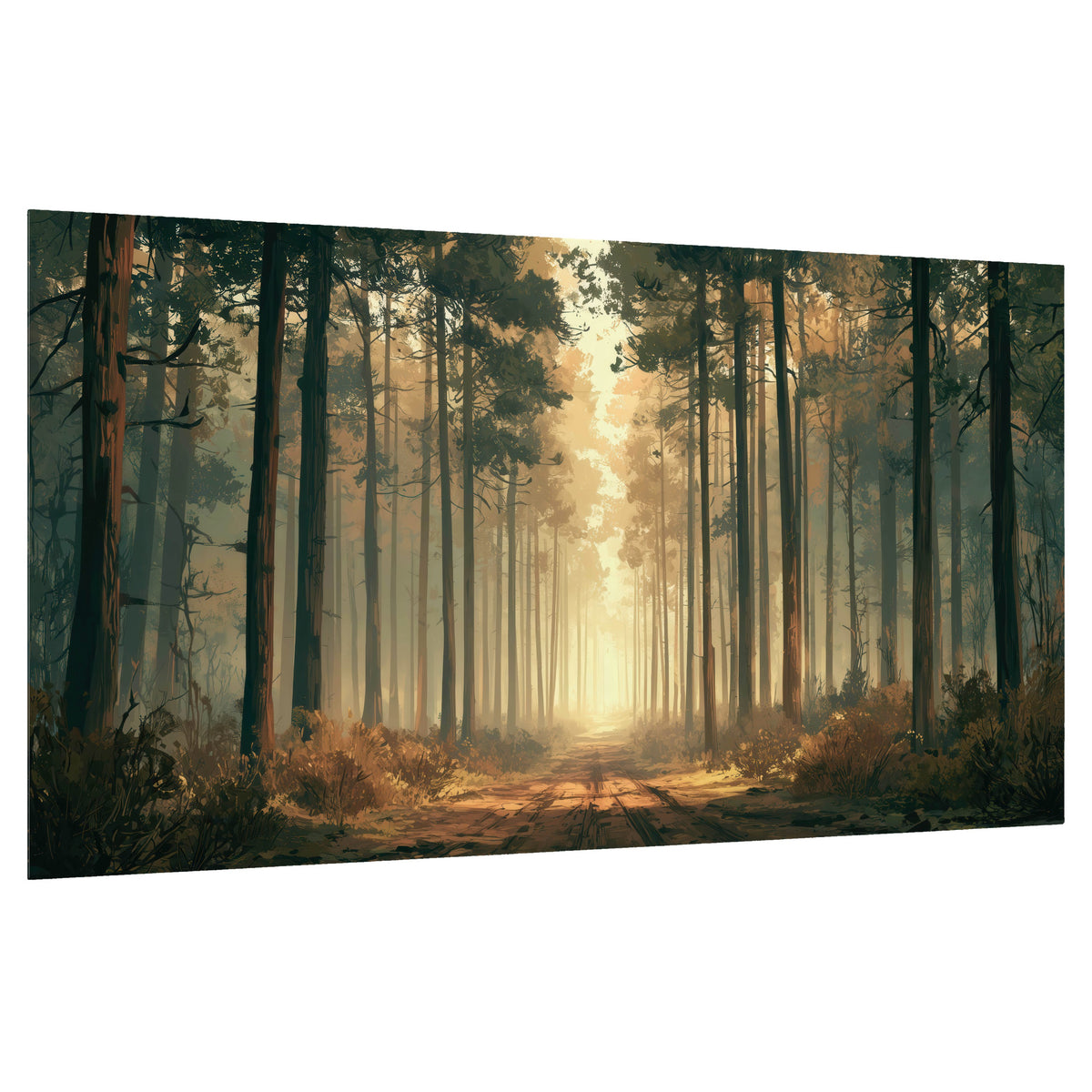 Sunlit pine forest road painting poster print on a white background