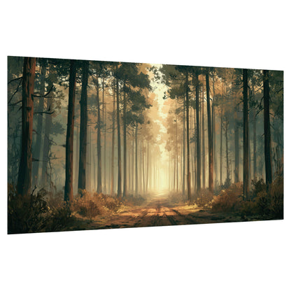 Sunlit pine forest road painting poster print on a white background
