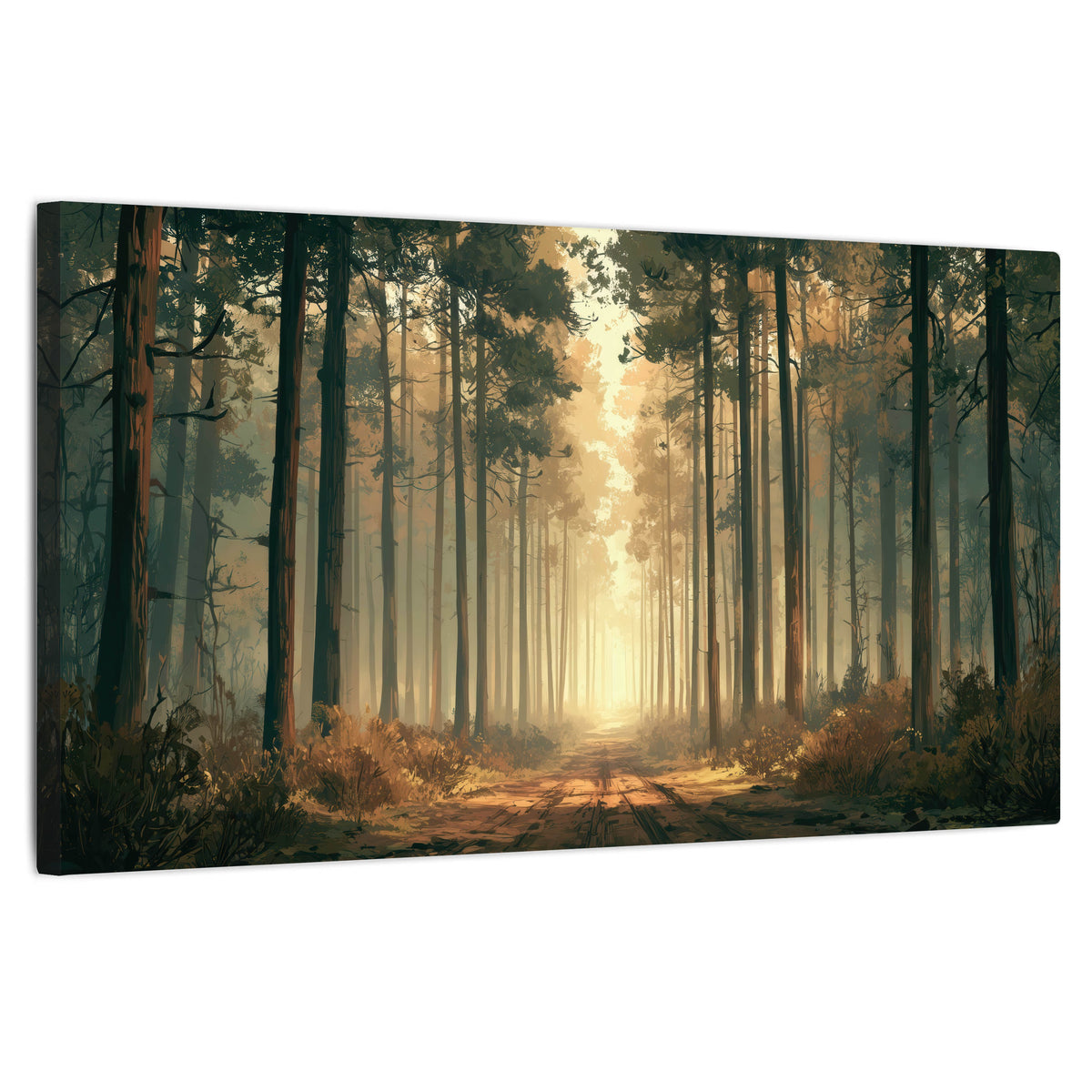 Sunlit pine forest road painting stretched canvas wall art on a white background