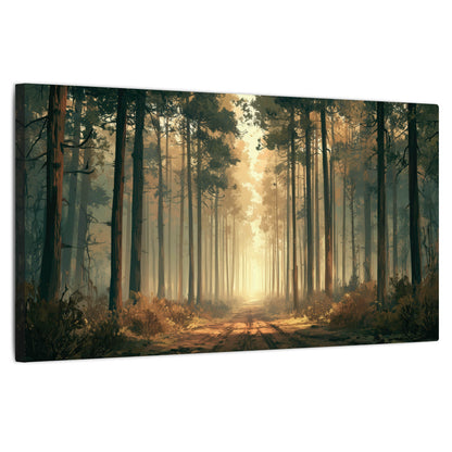 Sunlit pine forest road painting stretched canvas wall art on a white background