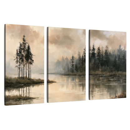 Misty lake pines painting 3 piece canvas wall art set on a white background