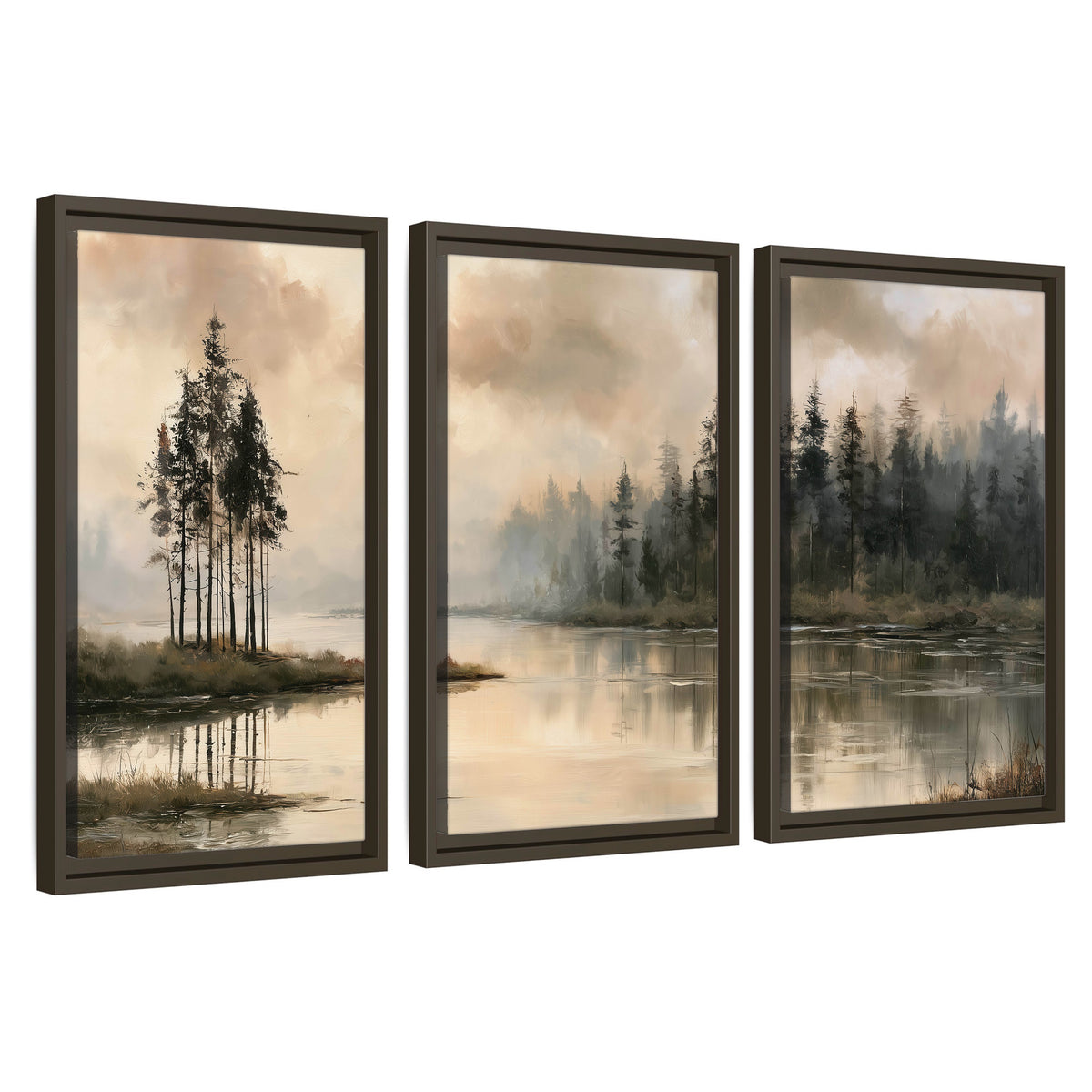 Misty lake pines painting 3 piece framed canvas wall art set on a white background
