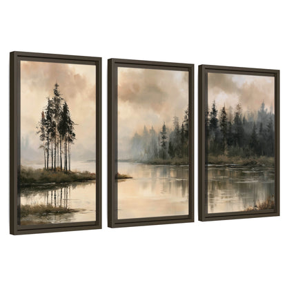 Misty lake pines painting 3 piece framed canvas wall art set on a white background