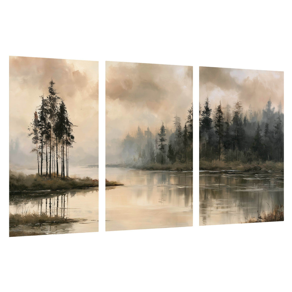 Misty lake pines painting set of 3 poster prints on a white background