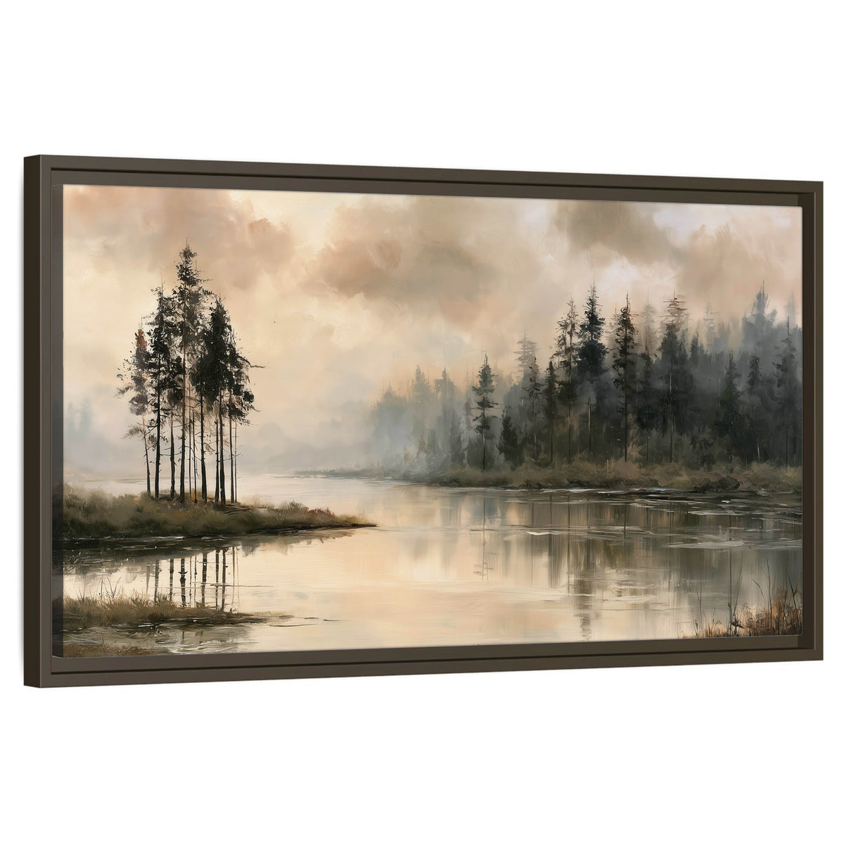 Misty lake pines painting framed canvas wall art on a white background