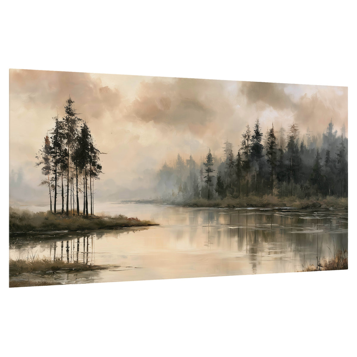 Misty lake pines painting poster print on a white background